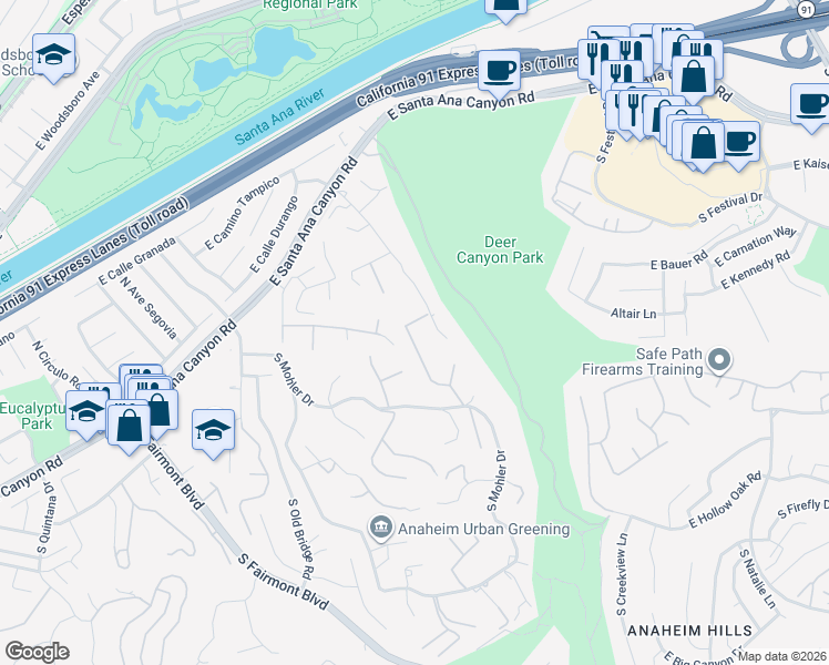 map of restaurants, bars, coffee shops, grocery stores, and more near 220 South Owens Drive in Anaheim