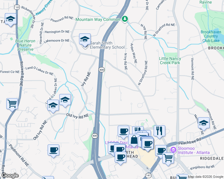 map of restaurants, bars, coffee shops, grocery stores, and more near 3818 North Stratford Road Northeast in Atlanta