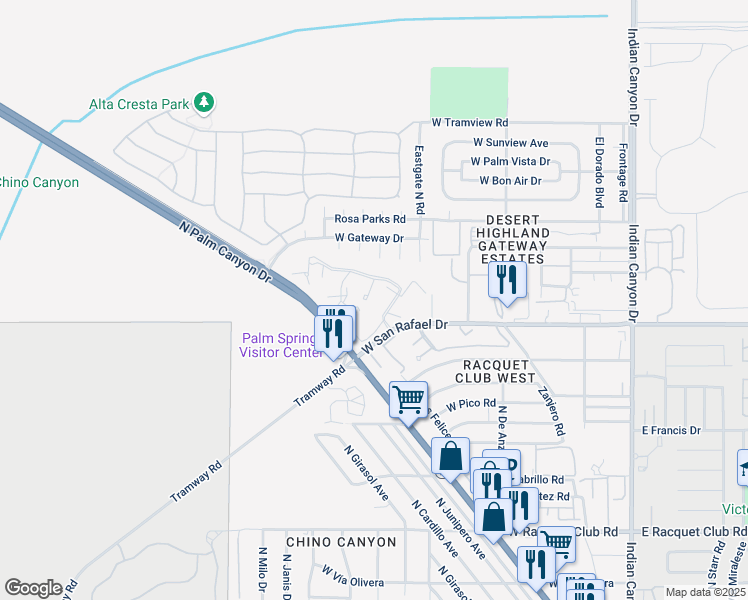 map of restaurants, bars, coffee shops, grocery stores, and more near 2801 Los Felices Circle East in Palm Springs