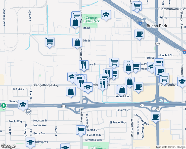map of restaurants, bars, coffee shops, grocery stores, and more near 7100 Melrose Street in Buena Park