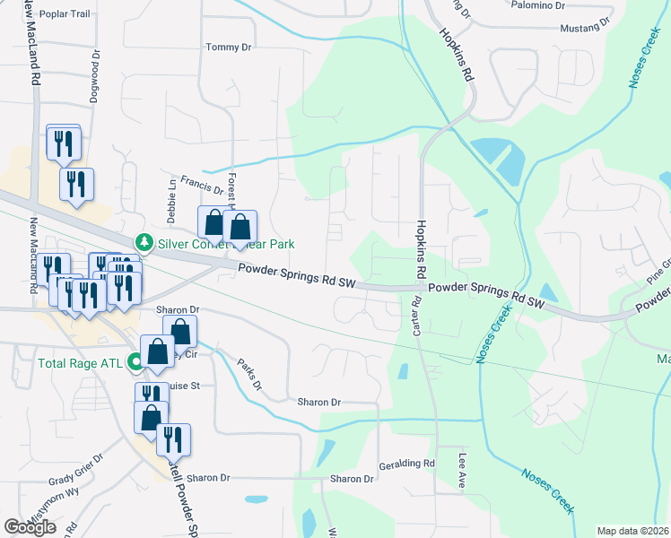 map of restaurants, bars, coffee shops, grocery stores, and more near 3700 Powder Springs Road Southwest in Powder Springs