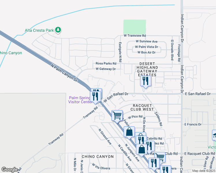 map of restaurants, bars, coffee shops, grocery stores, and more near 2812 North Auburn Court in Palm Springs