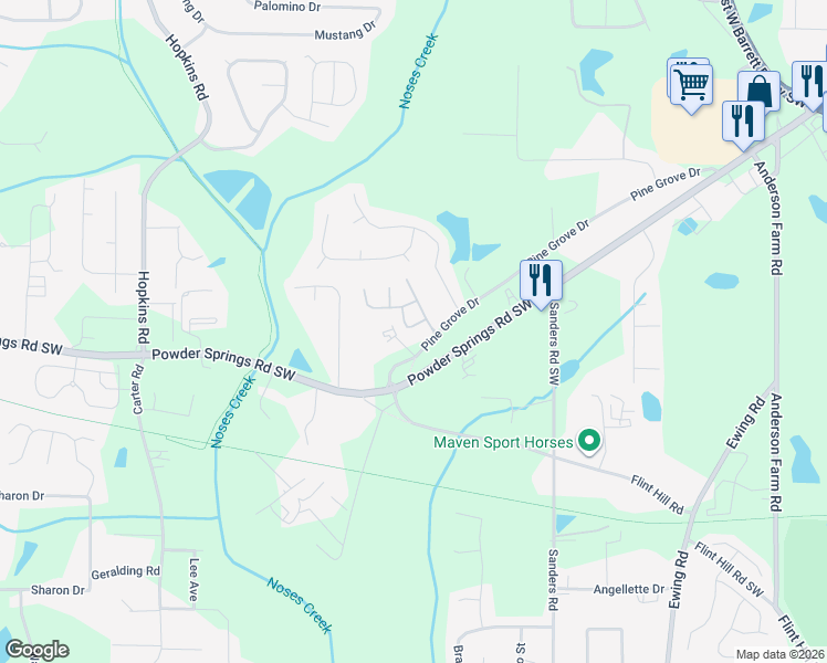 map of restaurants, bars, coffee shops, grocery stores, and more near 3836 Abbott Lane in Powder Springs