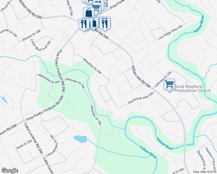 map of restaurants, bars, coffee shops, grocery stores, and more near 4243 Deerbrook Way Southwest in Lilburn