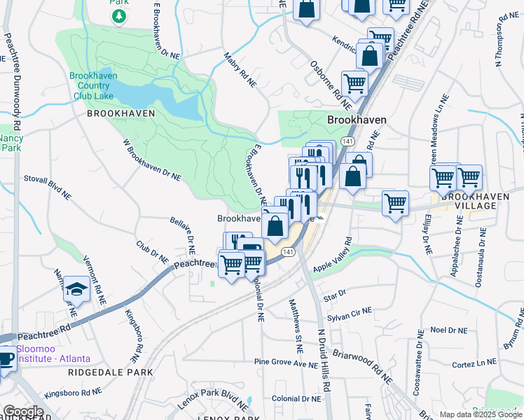 map of restaurants, bars, coffee shops, grocery stores, and more near Brookhaven Drive Northeast in Atlanta