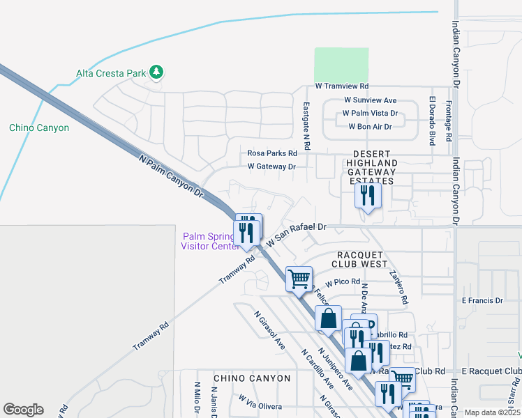 map of restaurants, bars, coffee shops, grocery stores, and more near 685 North Ashurst Court in Palm Springs