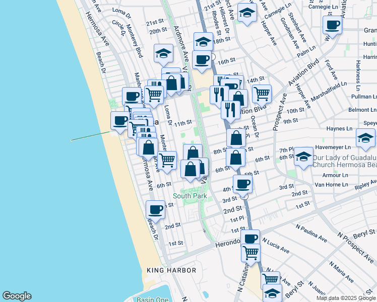 map of restaurants, bars, coffee shops, grocery stores, and more near 838 Cypress Avenue in Hermosa Beach