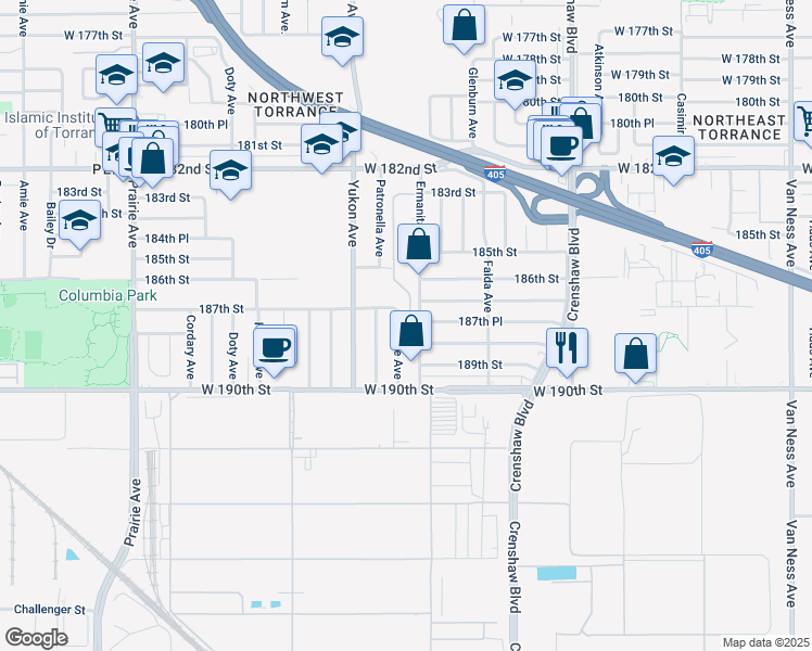 map of restaurants, bars, coffee shops, grocery stores, and more near 18711 Cerise Avenue in Torrance