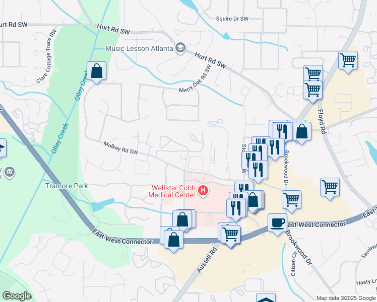 map of restaurants, bars, coffee shops, grocery stores, and more near 2061 Mulkey Road in Marietta