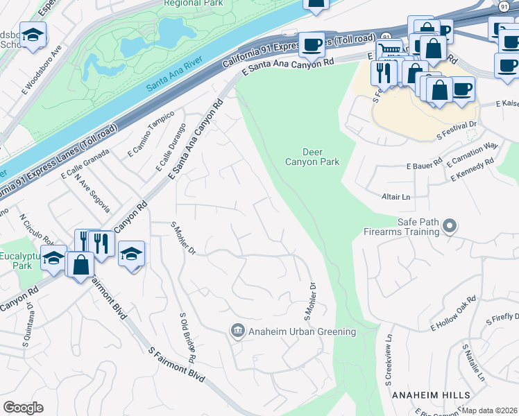 map of restaurants, bars, coffee shops, grocery stores, and more near 220 South Owens Drive in Anaheim