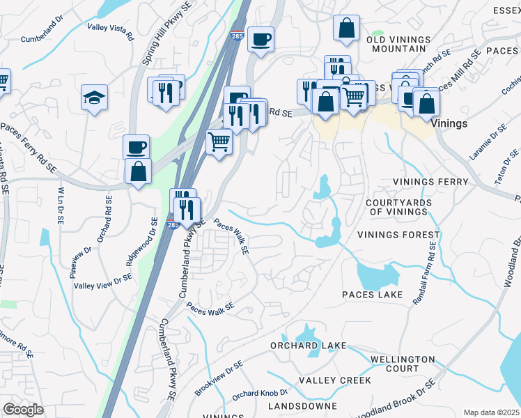 map of restaurants, bars, coffee shops, grocery stores, and more near 3894 Paces Lookout Drive in Atlanta