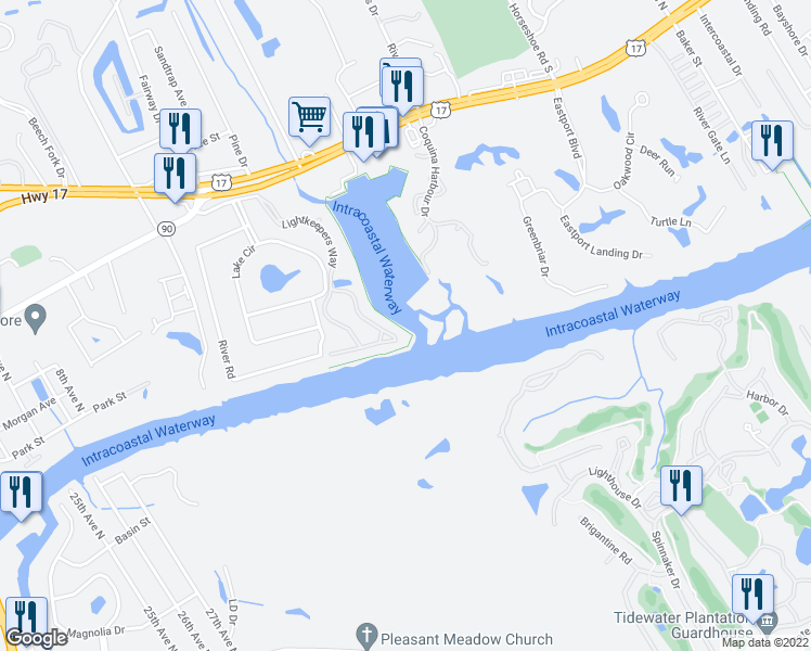 map of restaurants, bars, coffee shops, grocery stores, and more near 5000 Lightkeepers Way in Little River