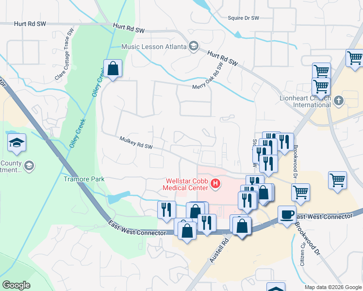 map of restaurants, bars, coffee shops, grocery stores, and more near 3862 Mulkey Road in Marietta
