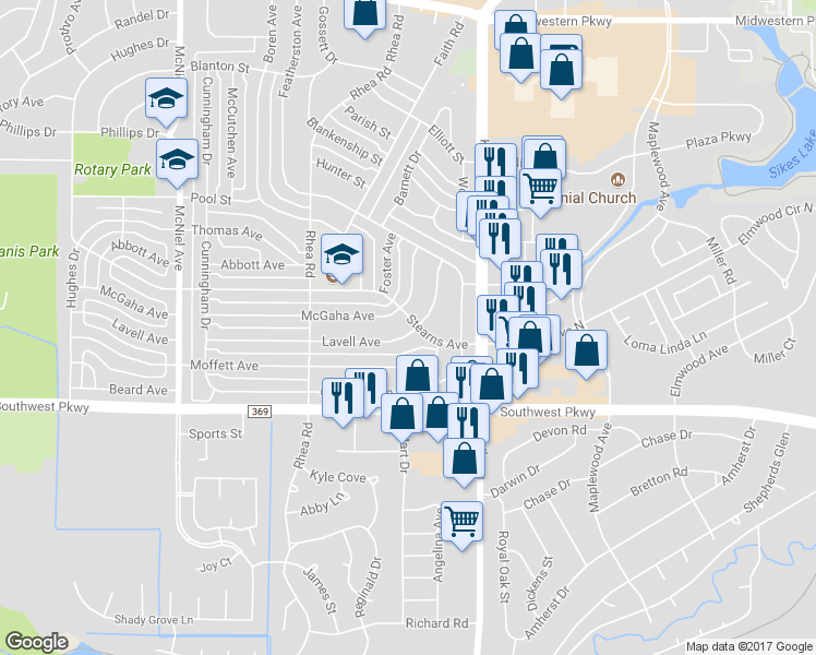 map of restaurants, bars, coffee shops, grocery stores, and more near 2918 Lavell Avenue in Wichita Falls