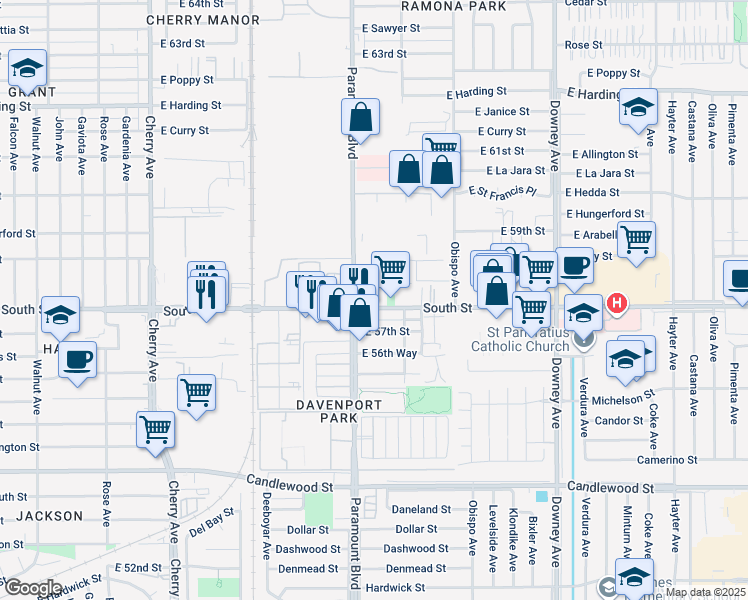 map of restaurants, bars, coffee shops, grocery stores, and more near 2712 East Hullett Street in Long Beach
