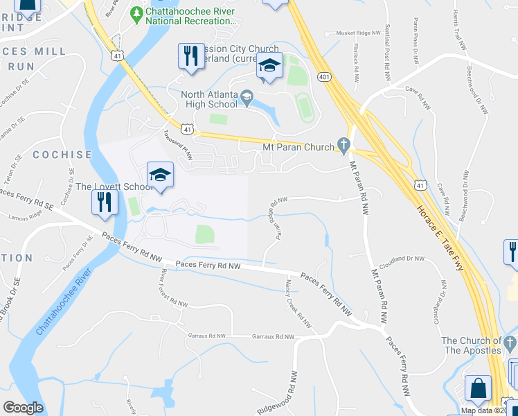 map of restaurants, bars, coffee shops, grocery stores, and more near 3845 Parian Ridge Road Northwest in Atlanta