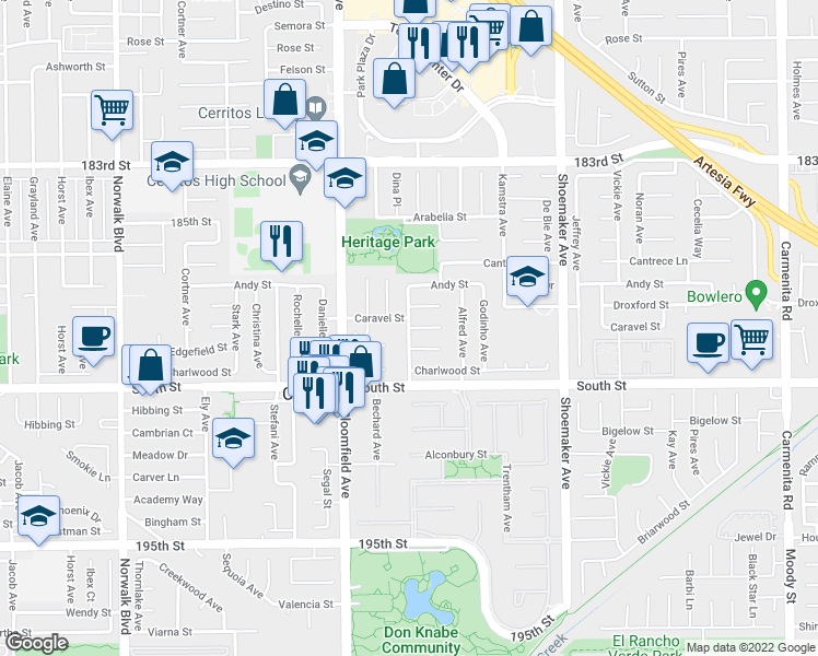 map of restaurants, bars, coffee shops, grocery stores, and more near De Voss Avenue in Cerritos