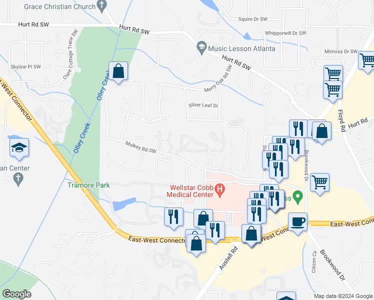 map of restaurants, bars, coffee shops, grocery stores, and more near 3876 Mulkey Road in Marietta
