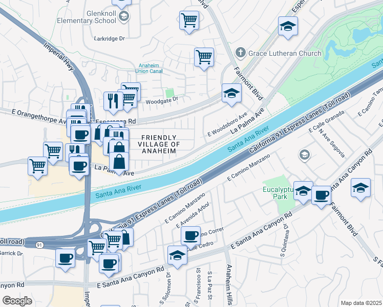 map of restaurants, bars, coffee shops, grocery stores, and more near 115 East La Palma Avenue in Anaheim