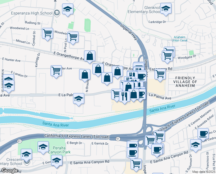 map of restaurants, bars, coffee shops, grocery stores, and more near 5425 East La Palma Avenue in Anaheim