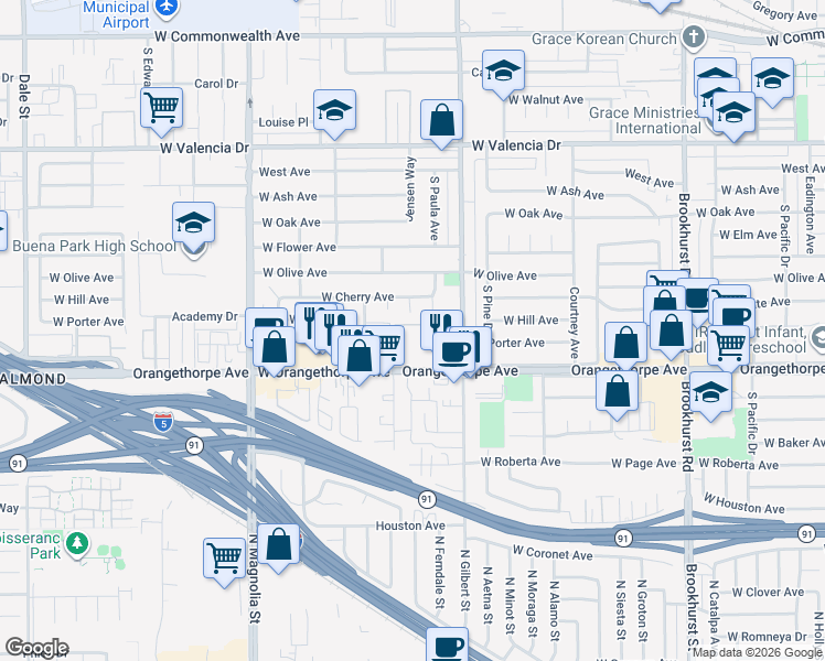 map of restaurants, bars, coffee shops, grocery stores, and more near 1133 South Paula Drive in Fullerton