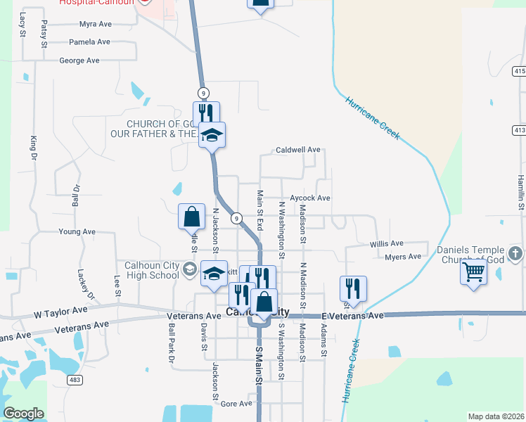 map of restaurants, bars, coffee shops, grocery stores, and more near 301 Main Saint Exd in Calhoun City