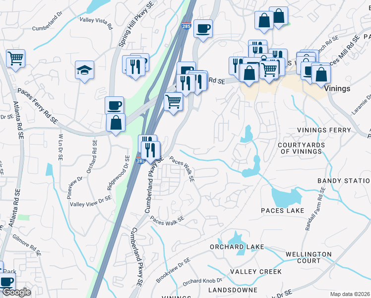 map of restaurants, bars, coffee shops, grocery stores, and more near 2400 Cumberland Parkway Southeast in Atlanta