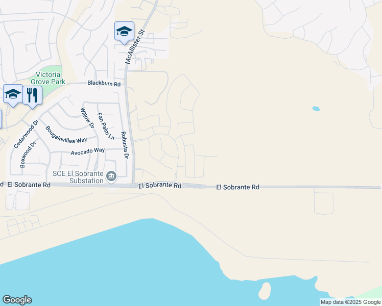 map of restaurants, bars, coffee shops, grocery stores, and more near 17873 Rutherford Drive in Riverside