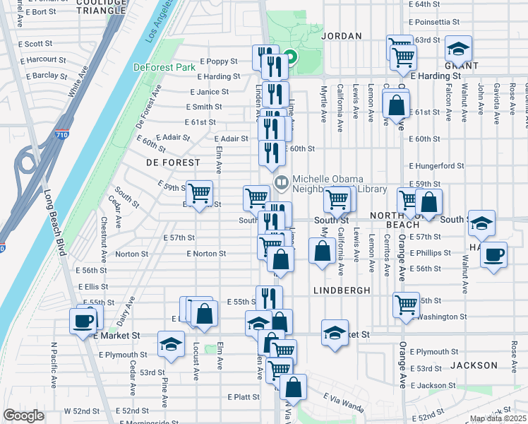 map of restaurants, bars, coffee shops, grocery stores, and more near 5824 Linden Avenue in Long Beach