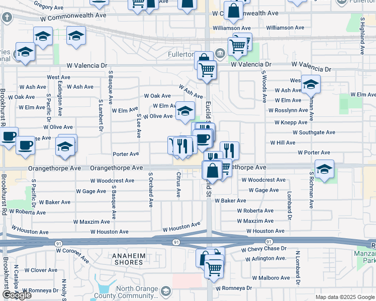 map of restaurants, bars, coffee shops, grocery stores, and more near 1042 West Hill Avenue in Fullerton