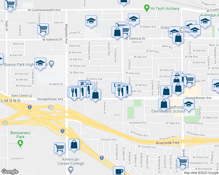 map of restaurants, bars, coffee shops, grocery stores, and more near 1007 South Margaret Place in Fullerton