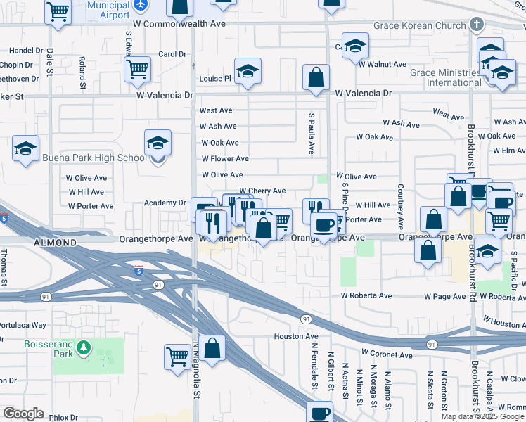 map of restaurants, bars, coffee shops, grocery stores, and more near 1013 Nicklett Avenue in Fullerton