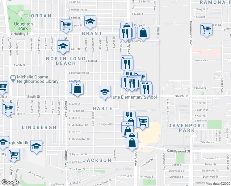 map of restaurants, bars, coffee shops, grocery stores, and more near 5845 Gardenia Avenue in Long Beach