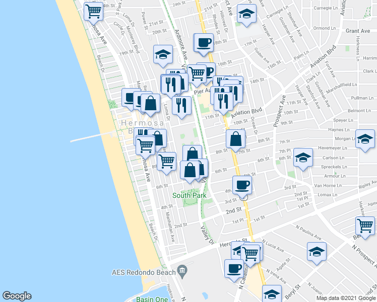 map of restaurants, bars, coffee shops, grocery stores, and more near 861 Valley Drive in Hermosa Beach