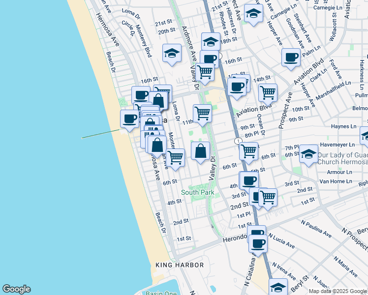 map of restaurants, bars, coffee shops, grocery stores, and more near 936 Loma Drive in Hermosa Beach