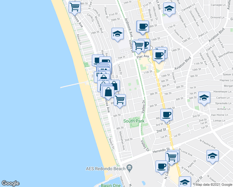 map of restaurants, bars, coffee shops, grocery stores, and more near in Hermosa Beach