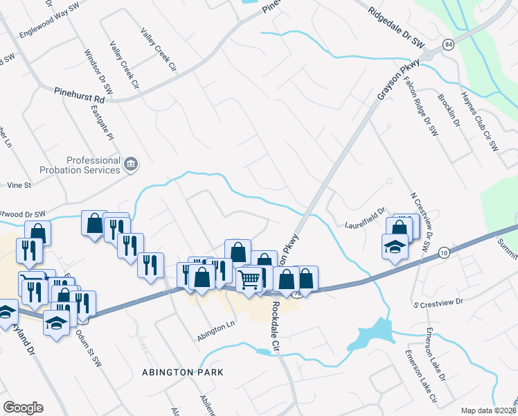 map of restaurants, bars, coffee shops, grocery stores, and more near 1873 Easter Cody Court Southwest in Grayson