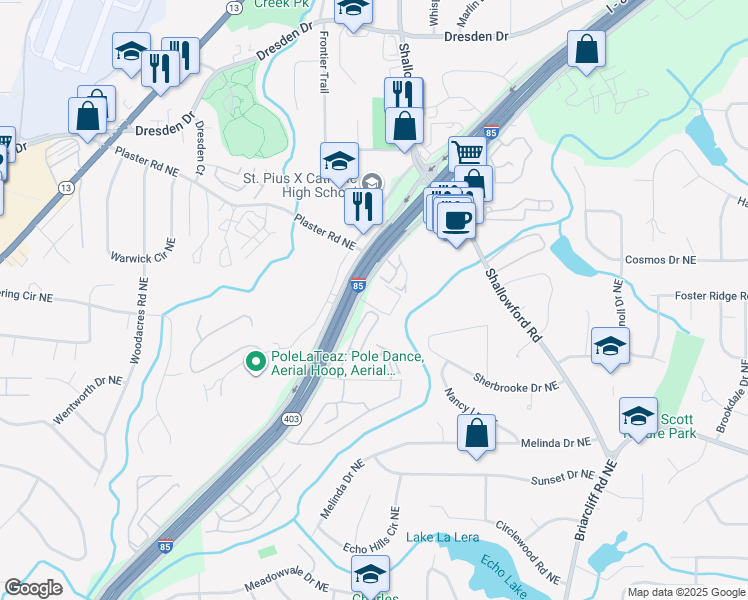 map of restaurants, bars, coffee shops, grocery stores, and more near 2805 I - 85 Frontage Road in Atlanta