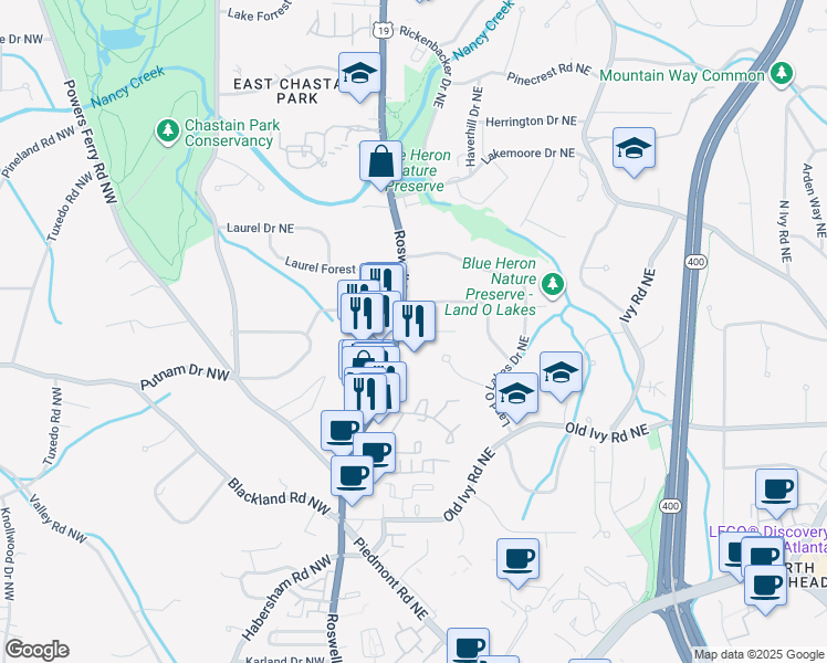 map of restaurants, bars, coffee shops, grocery stores, and more near 4004 Sheldon Drive Northeast in Atlanta