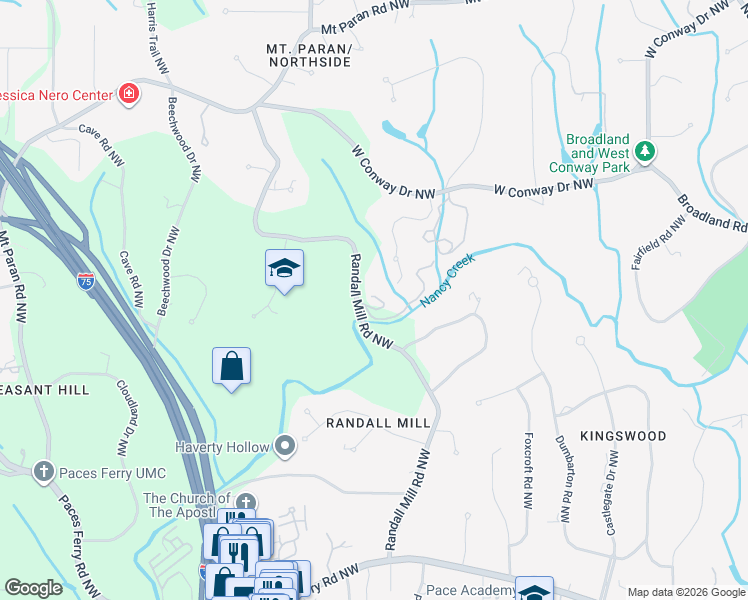 map of restaurants, bars, coffee shops, grocery stores, and more near 3865 Randall Mill Road Northwest in Atlanta
