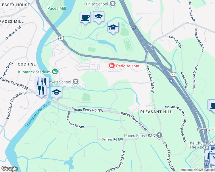 map of restaurants, bars, coffee shops, grocery stores, and more near 3845 Parian Ridge Road Northwest in Atlanta