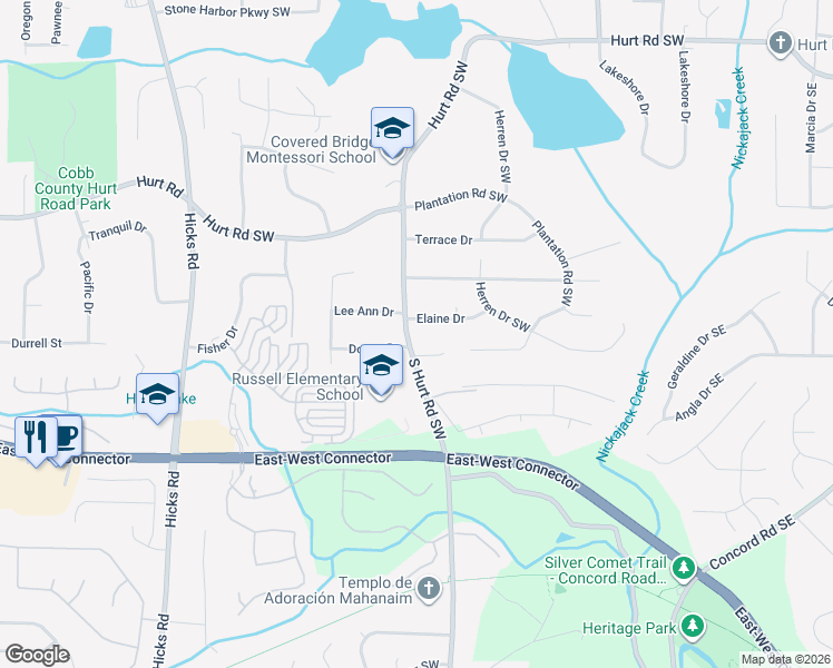 map of restaurants, bars, coffee shops, grocery stores, and more near 3855 South Hurt Road Southwest in Smyrna