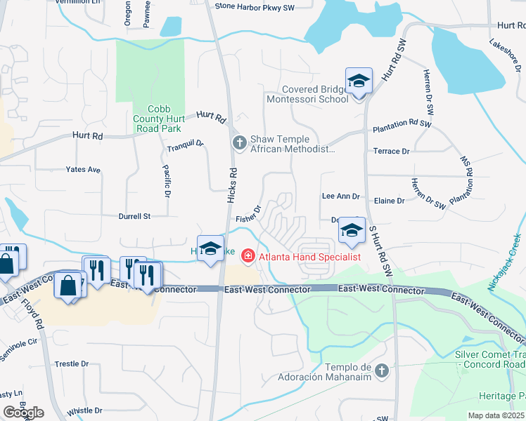 map of restaurants, bars, coffee shops, grocery stores, and more near 3844 Felton Hill Road in Smyrna