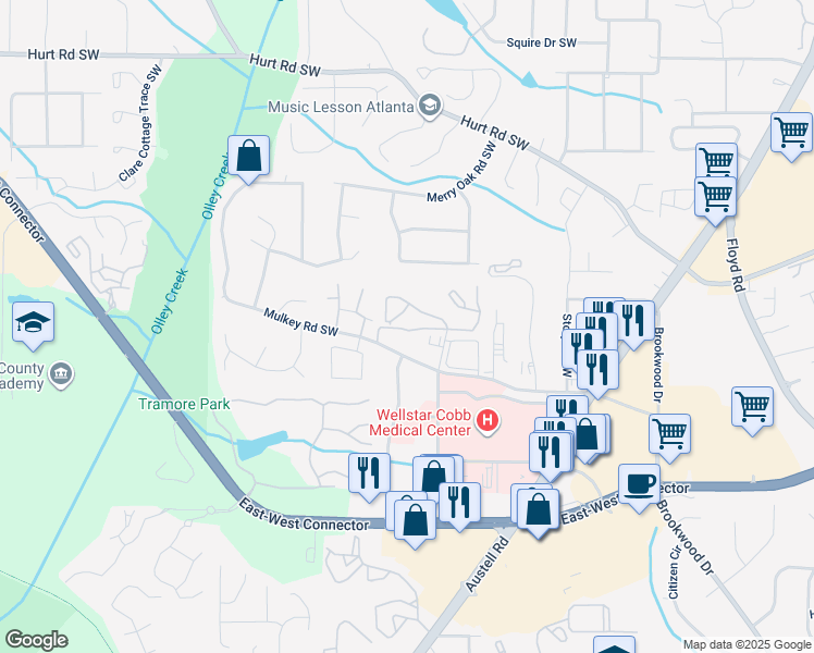 map of restaurants, bars, coffee shops, grocery stores, and more near 1820 Mulkey Road Southwest in Austell