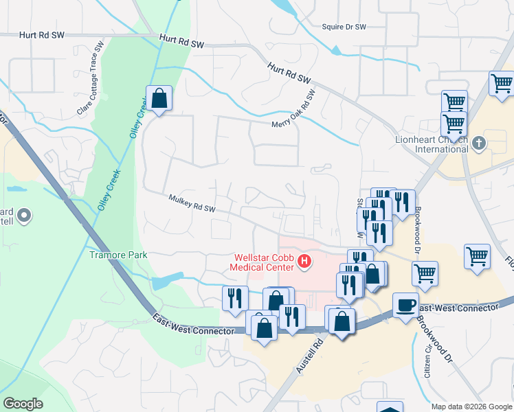 map of restaurants, bars, coffee shops, grocery stores, and more near 1820 Mulkey Road Southwest in Austell