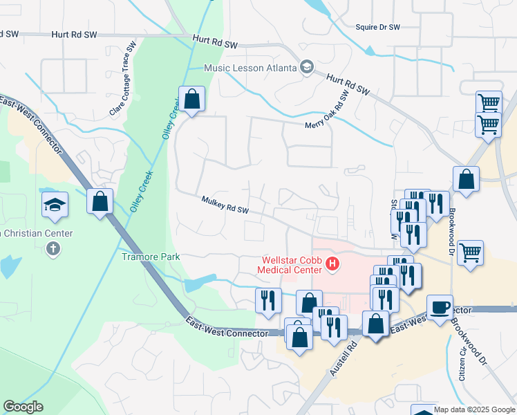 map of restaurants, bars, coffee shops, grocery stores, and more near 3700 Mulkey Circle Southwest in Austell