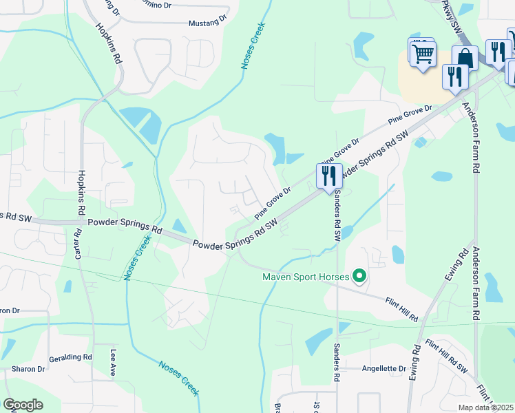 map of restaurants, bars, coffee shops, grocery stores, and more near 3836 Abbott Lane in Powder Springs