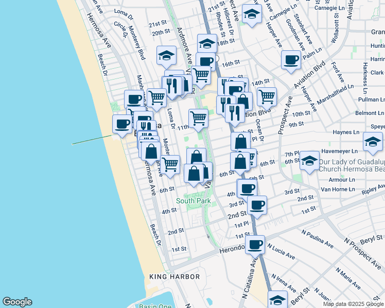 map of restaurants, bars, coffee shops, grocery stores, and more near 861 Valley Drive in Hermosa Beach