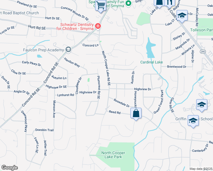map of restaurants, bars, coffee shops, grocery stores, and more near 3812 North Cooper Lake Road Southeast in Smyrna