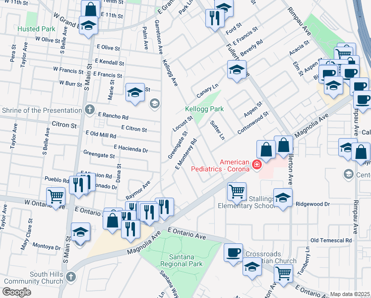 map of restaurants, bars, coffee shops, grocery stores, and more near 615 East Monterey Road in Corona